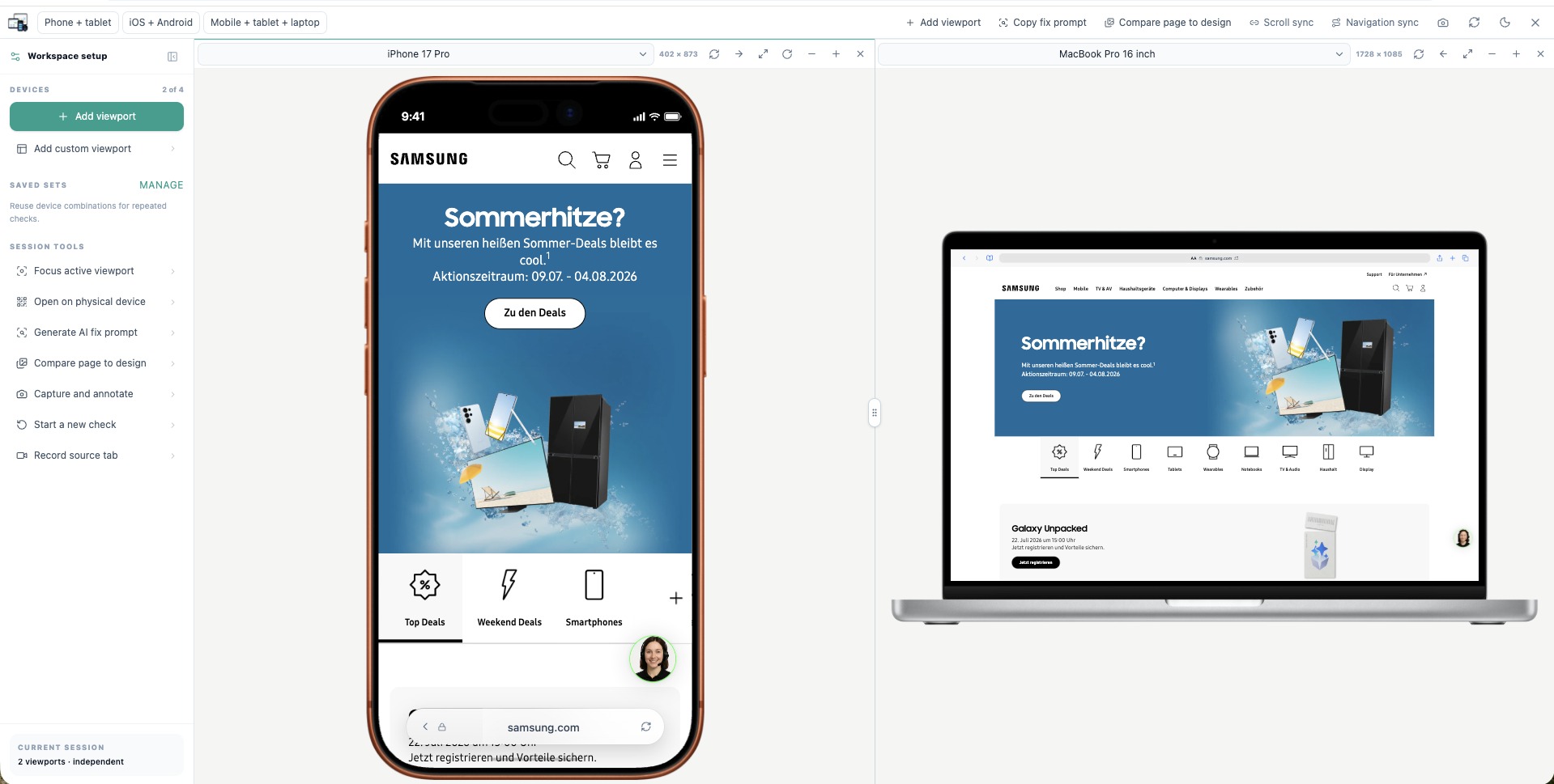 Mobile View & Responsive Tester showing a phone and laptop viewport side by side