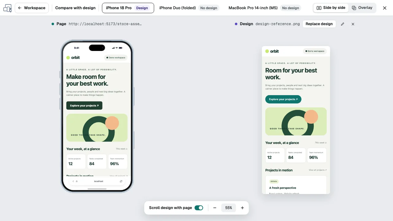 Confronto con il design: la pagina live su iPhone 18 Pro accanto all'immagine del design, con titolo e stile del pulsante diversi