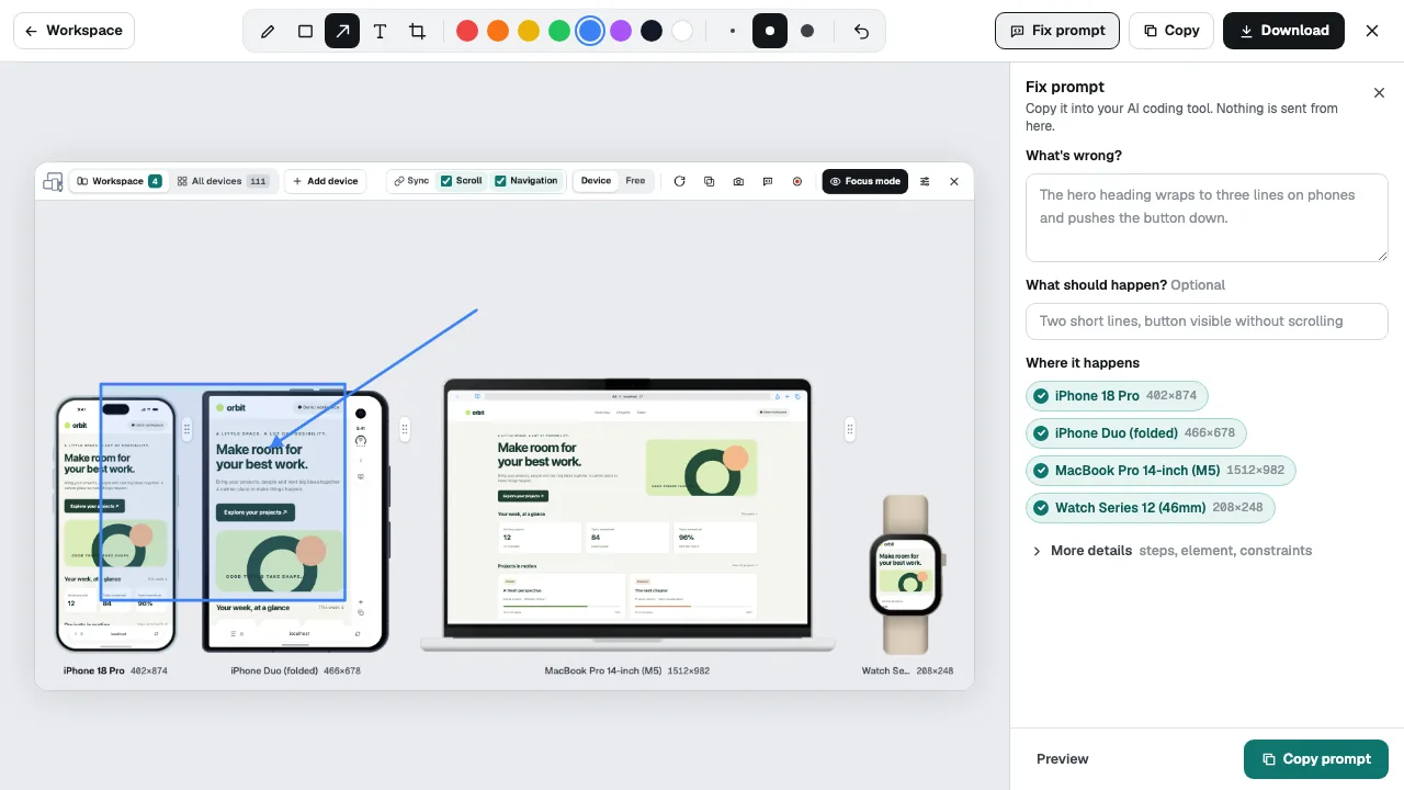 Editor di annotazioni con una freccia e un riquadro che evidenziano un titolo sull'iPhone, accanto al pannello del prompt di correzione con l'elenco dei dispositivi interessati