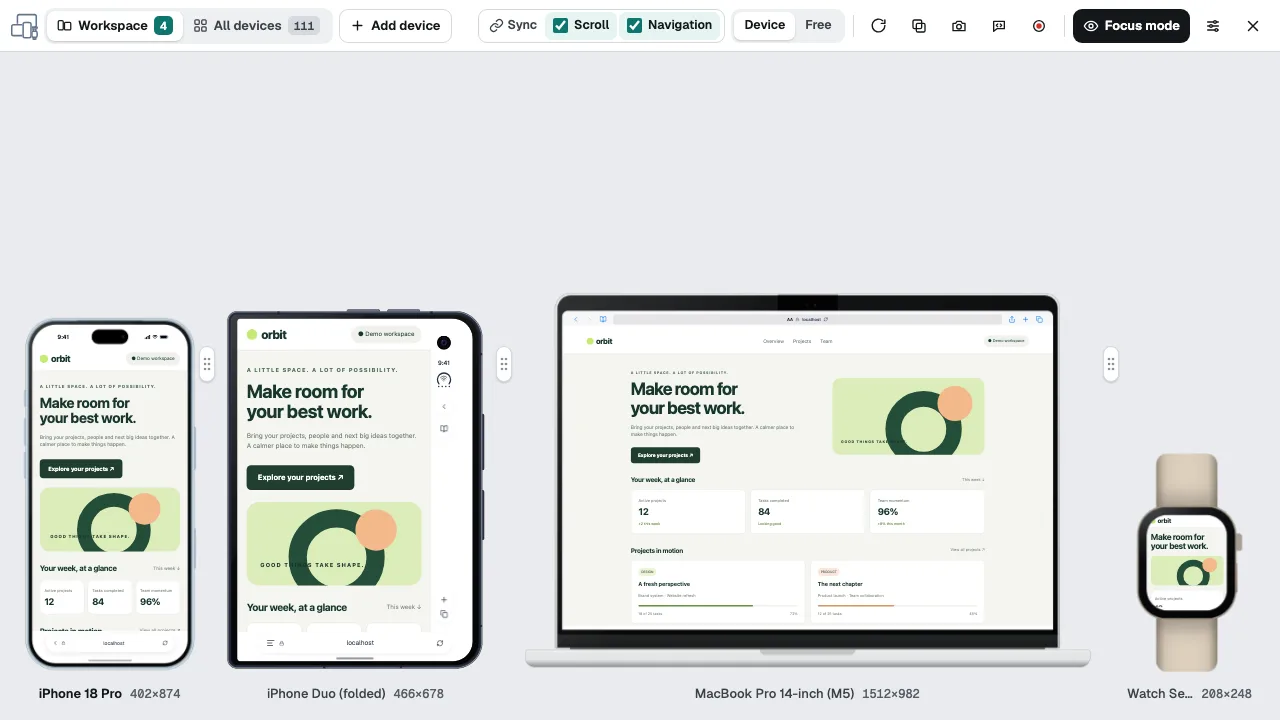 Spazio di lavoro di Mobile View con una pagina affiancata su iPhone 18 Pro, iPhone Duo chiuso, MacBook Pro 14 e Apple Watch